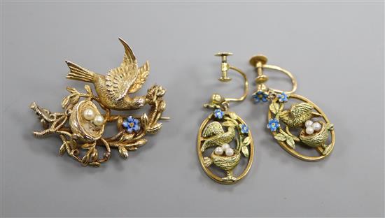 A yellow metal enamel and cultured pearl set bird with nest suite of jewellery, comprising drop earrings and matching brooch, brooch